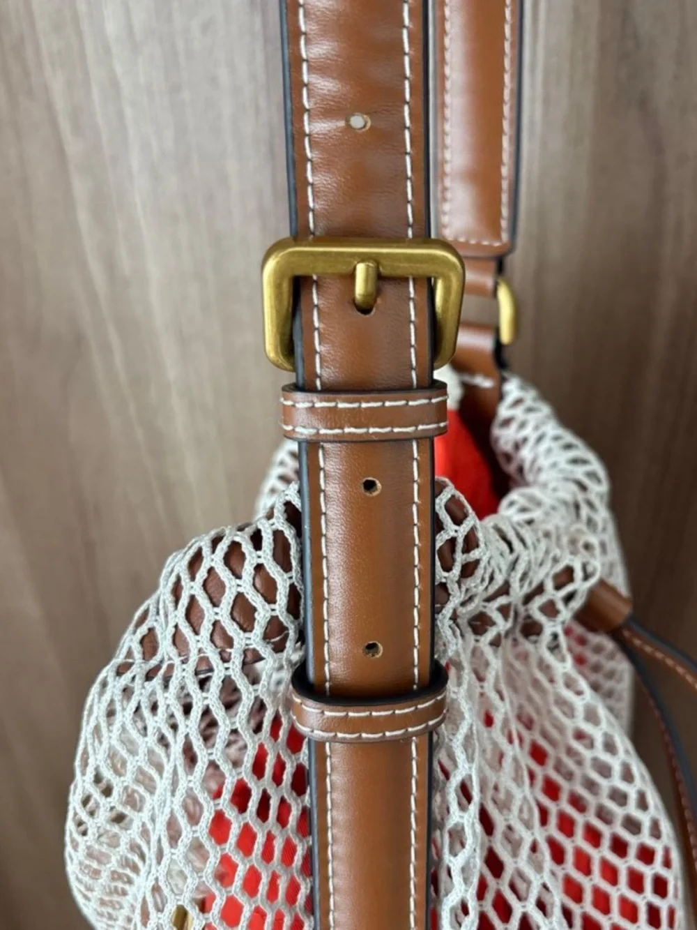 NEW!  Zara Coral - Red Mesh Drawstring Bucket Bag with Brown Leather Trim - Picture 7 of 13